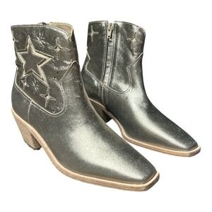Women's 7 Johnny‎ Was Gold Leather Ankle Bootie Stars Debossed Square Toe
